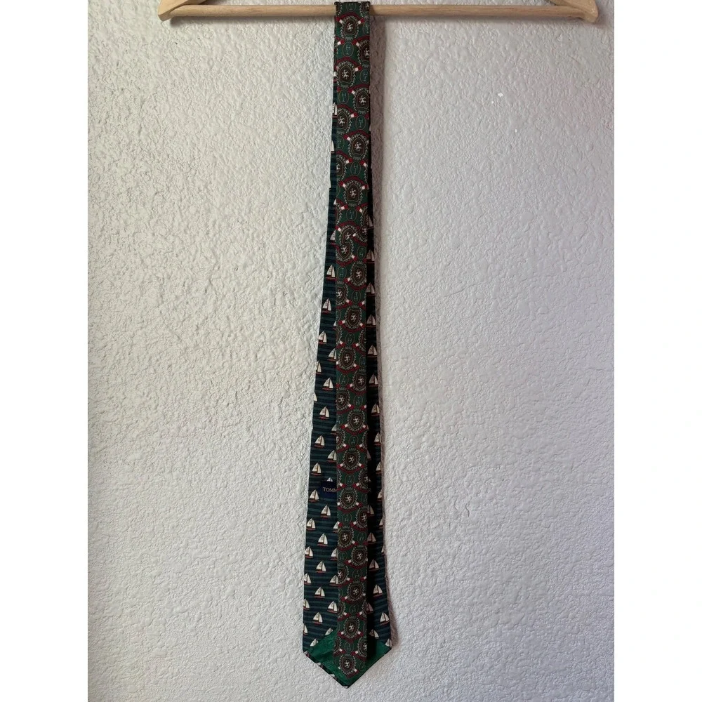 Vintage 90's Tommy Hilfiger Mens Necktie Nautical Sailboat Pattern Green‎ Blue